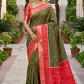 Beautiful Olive Green Ikkat Silk Blend Saree Pattern Woven Work for Women
