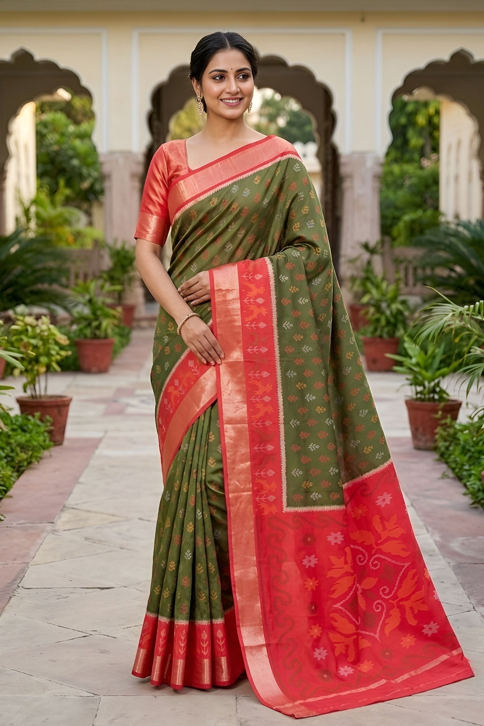 Beautiful Olive Green Ikkat Silk Blend Saree Pattern Woven Work for Women