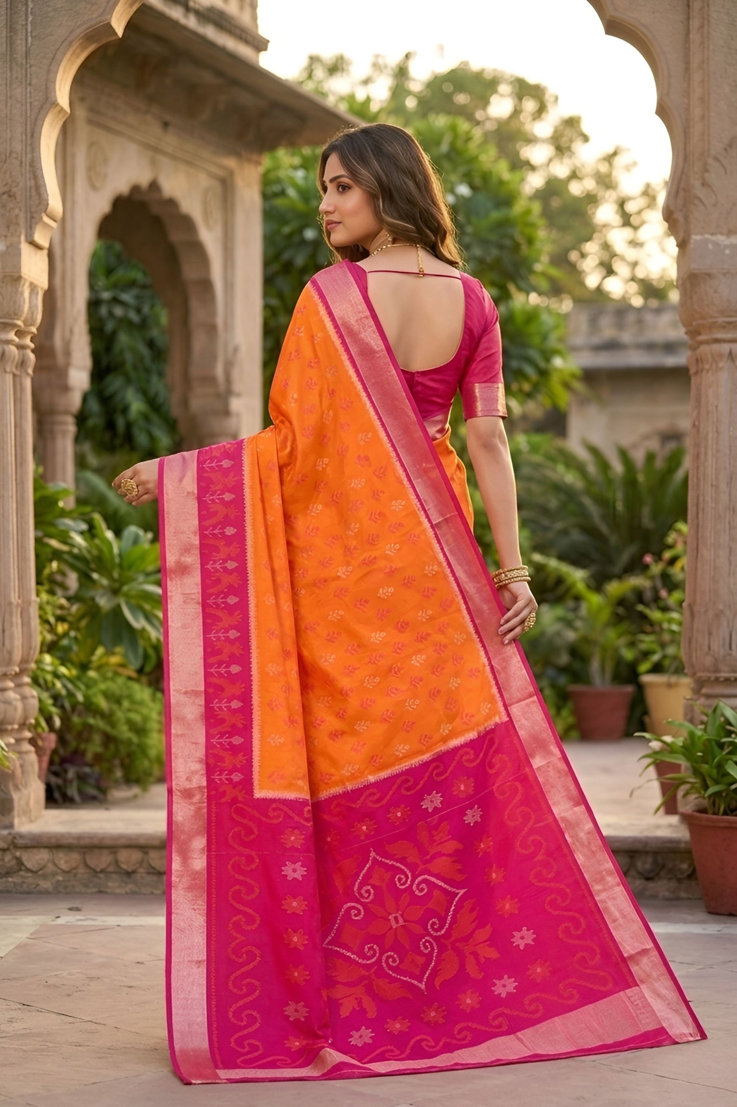 Traditional Orange Ikkat Silk Blend Saree Woven Work for Women