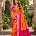 Traditional Orange Ikkat Silk Blend Saree Pattern Woven Work for Women