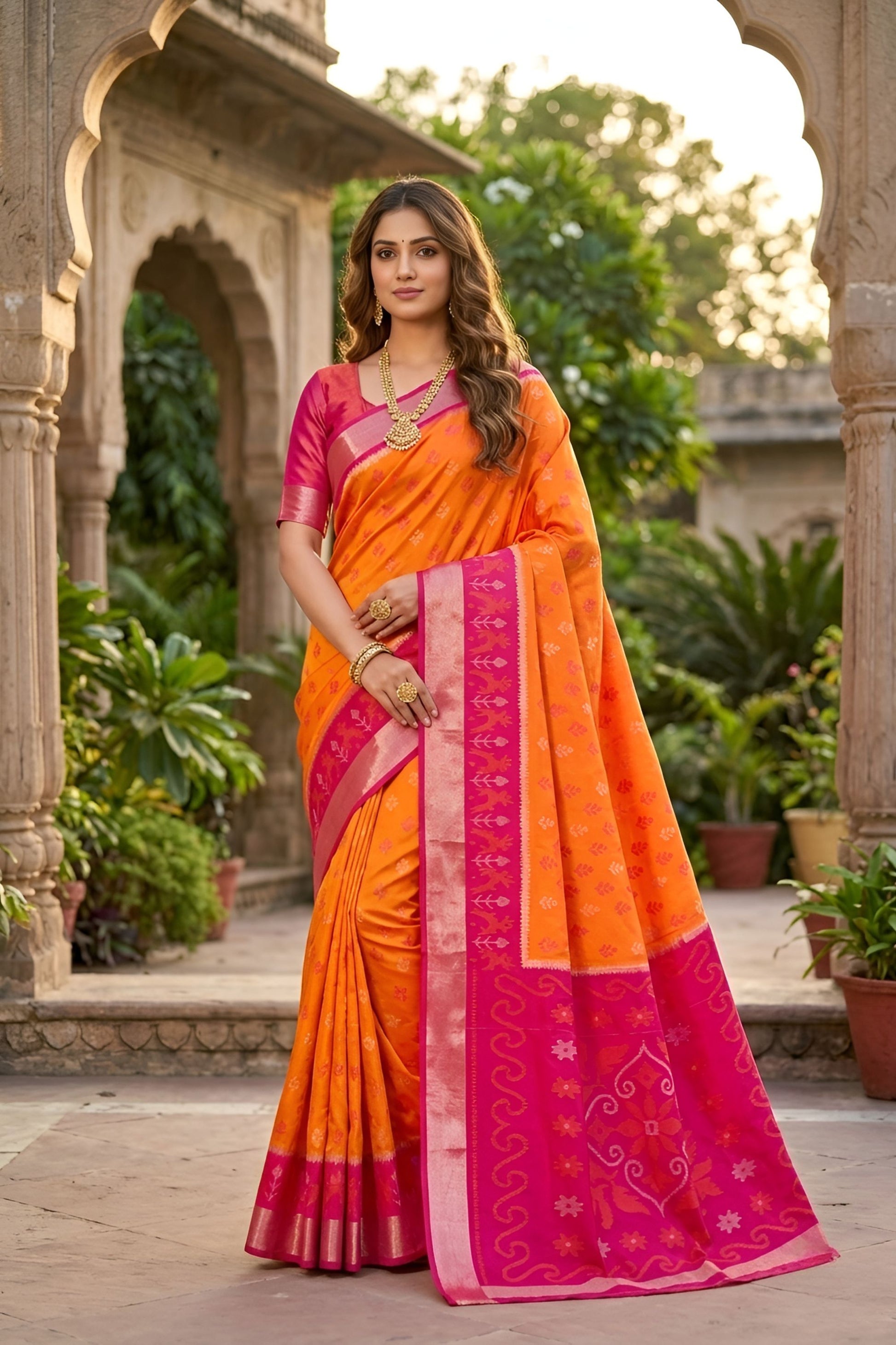Traditional Orange Ikkat Silk Blend Saree Pattern Woven Work for Women