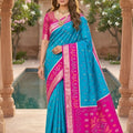 Royal Sky Blue Ikkat Silk Blend Saree Pattern Woven Work for Women