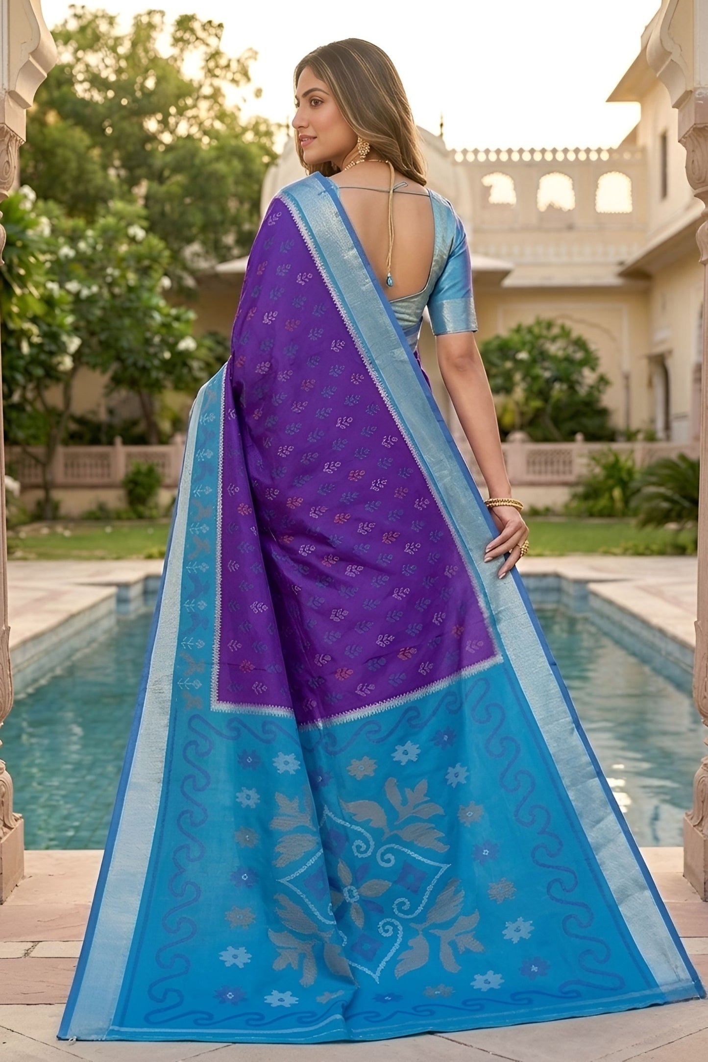 Royal Purple Ikkat Silk Blend Saree Woven Work for Women