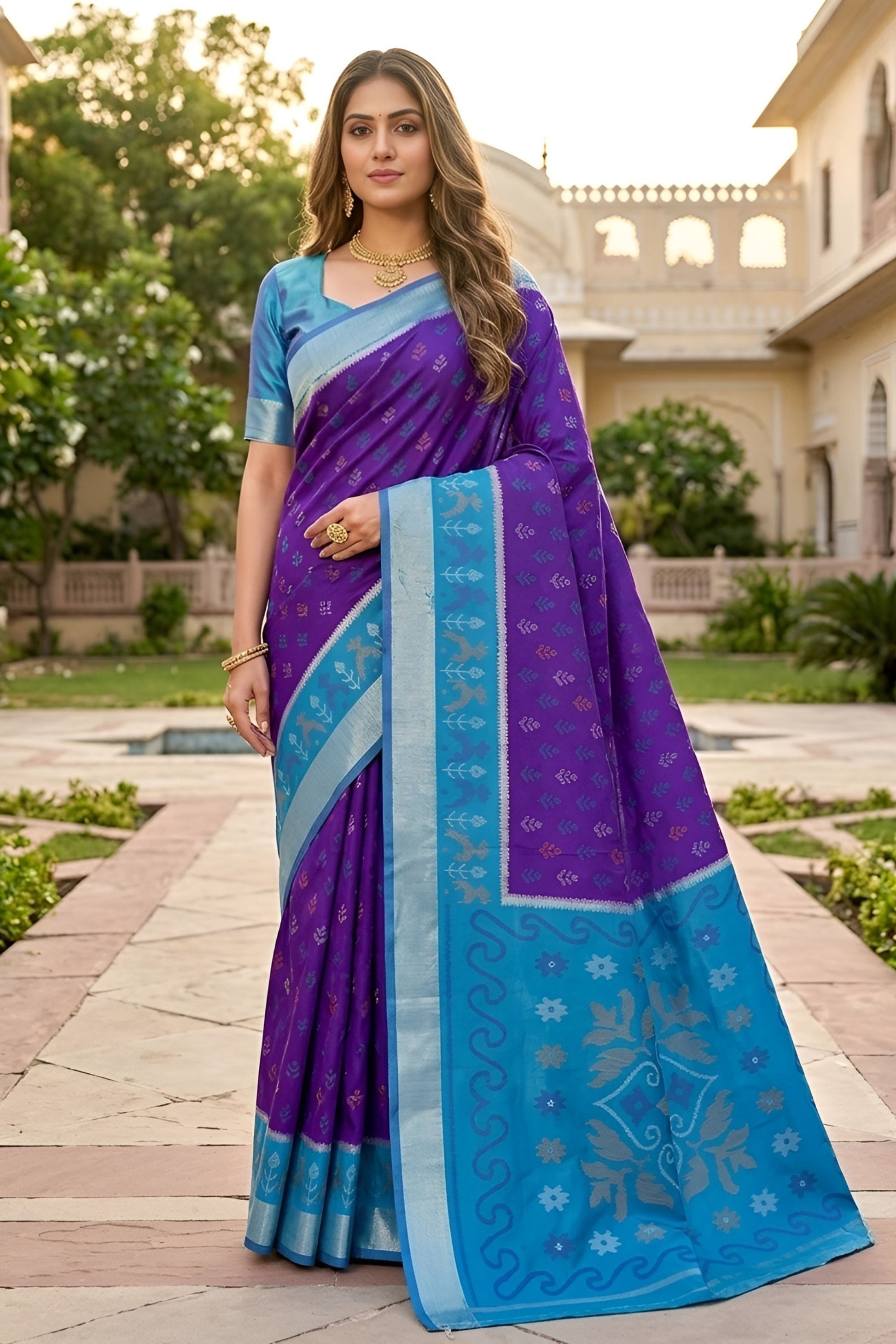 Royal Purple Ikkat Silk Blend Saree Woven Work for Women
