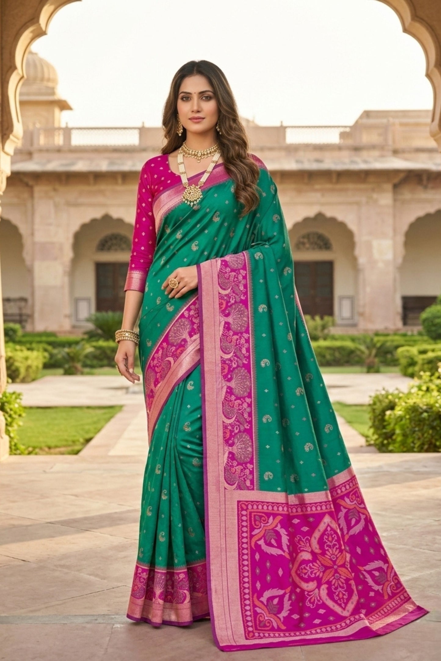 Elegant Sea Green Ikkat Silk Blend Saree Woven Work for Women
