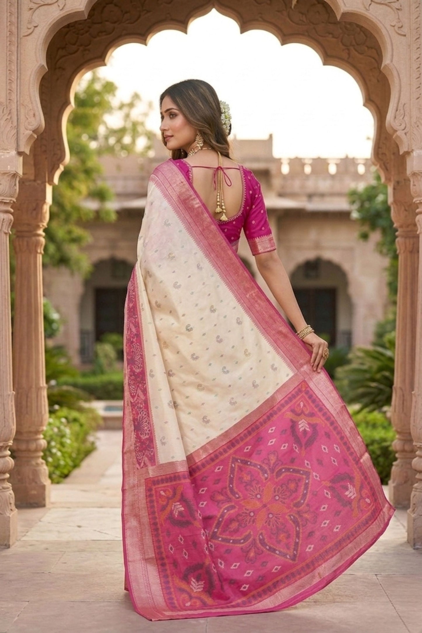 Elegant Off White Ikkat Silk Blend Saree Woven Work for Women