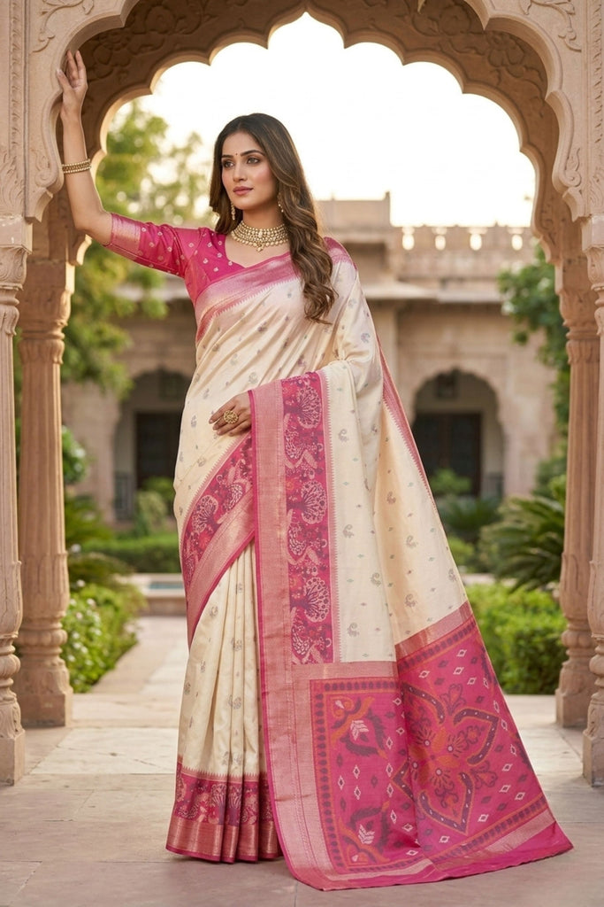 Elegant Off White Ikkat Silk Blend Saree Woven Work for Women