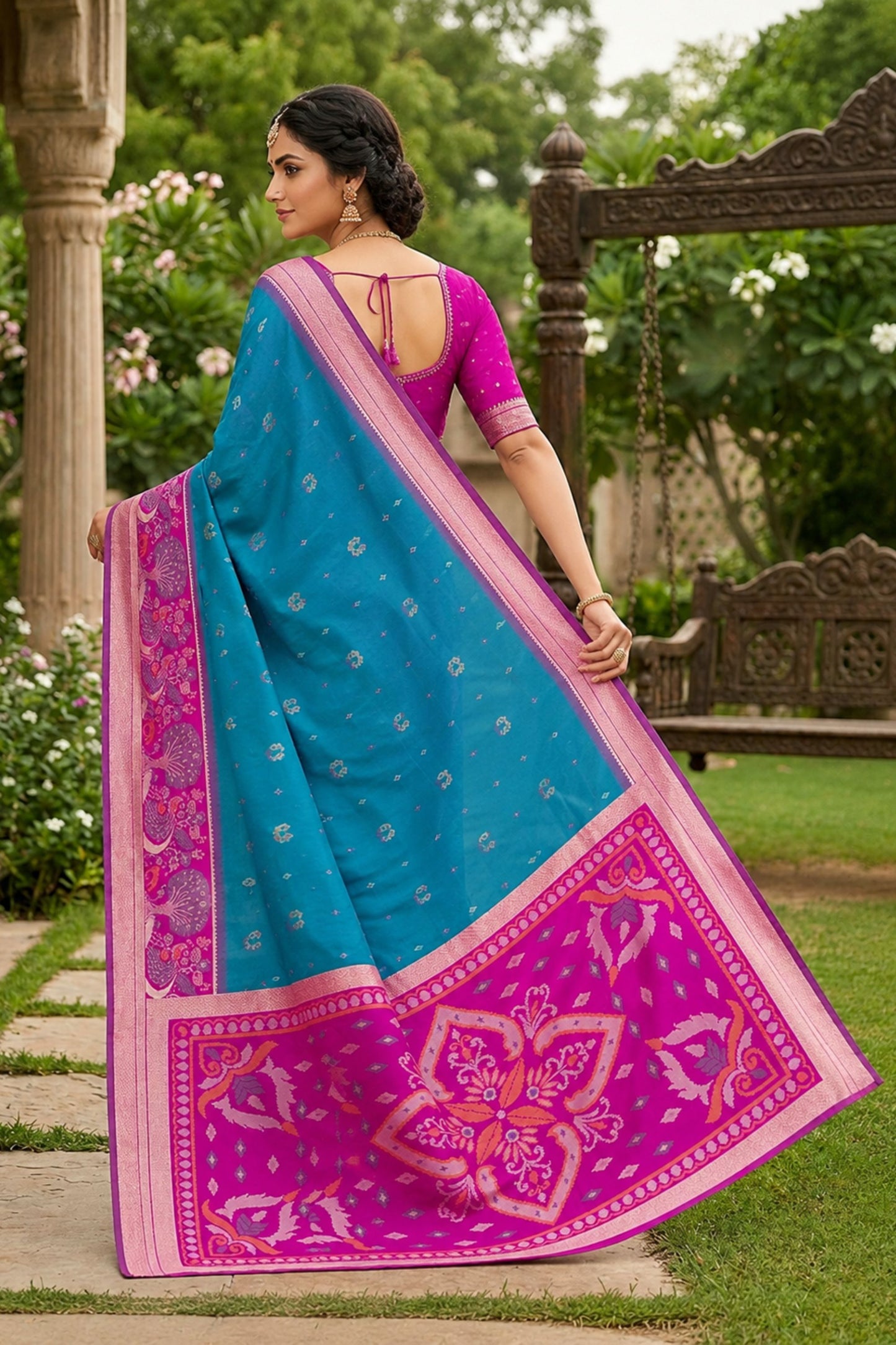 Stylish Sky Blue Ikkat Silk Blend Saree Woven Work for Women