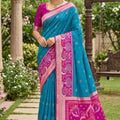 Beautiful Sky Blue Ikkat Silk Blend Saree Woven Work for Women
