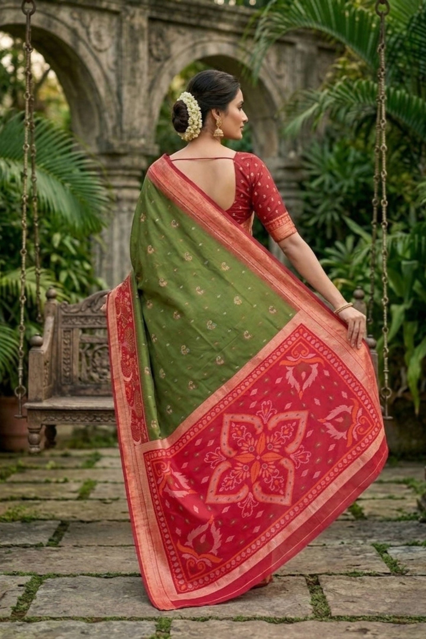 Graceful Olive Green Ikkat Silk Blend Saree Woven Work for Women