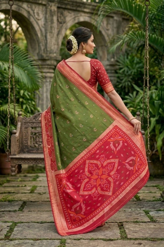 Graceful Olive Green Ikkat Silk Blend Saree Woven Work for Women