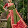 Graceful Olive Green Ikkat Silk Blend Saree Woven Work for Women