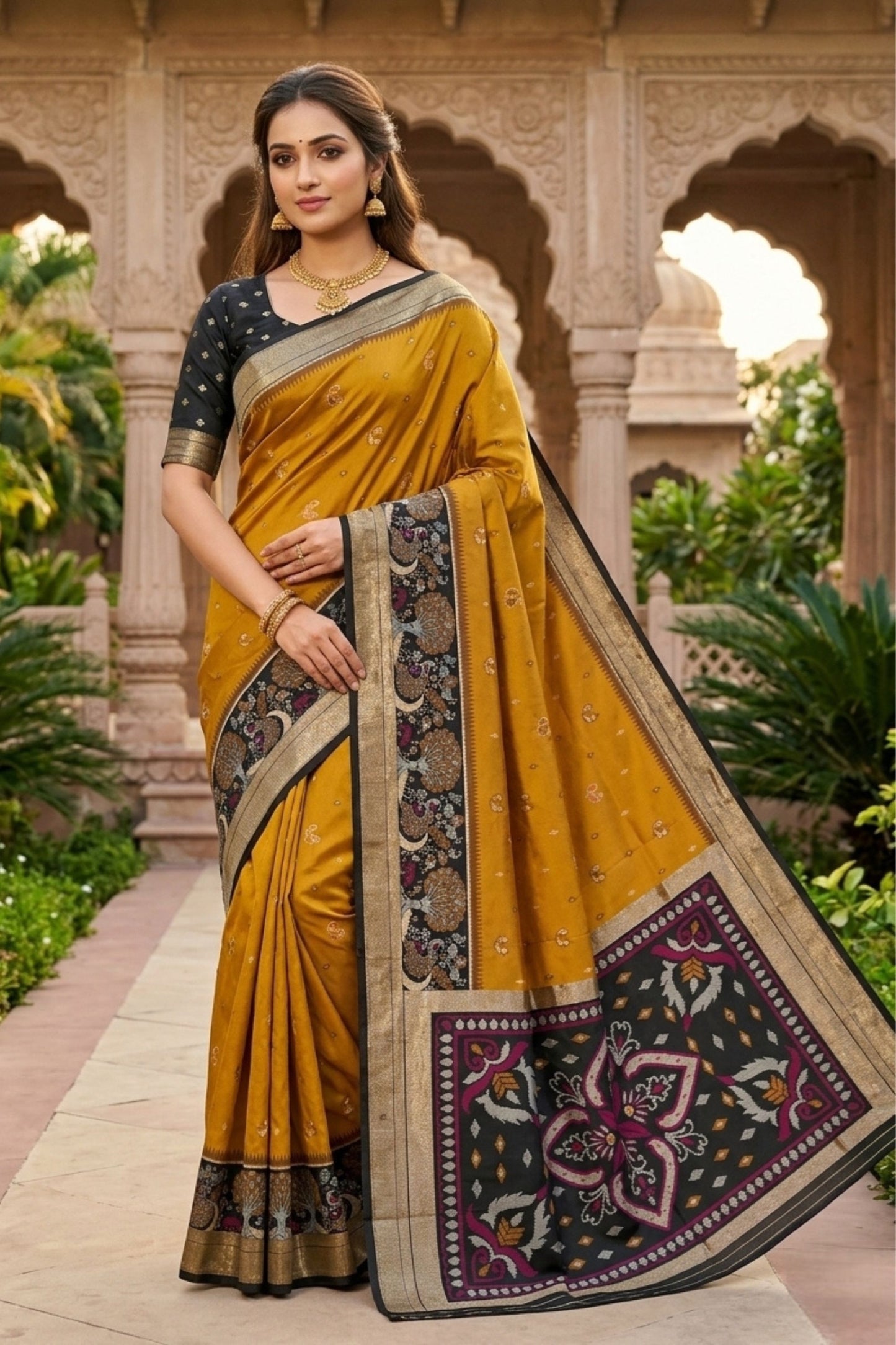 Premium Mustard Yellow Ikkat Silk Blend Saree Woven Work for Women