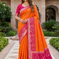 Traditional Orange Ikkat Silk Blend Saree Woven Work for Women