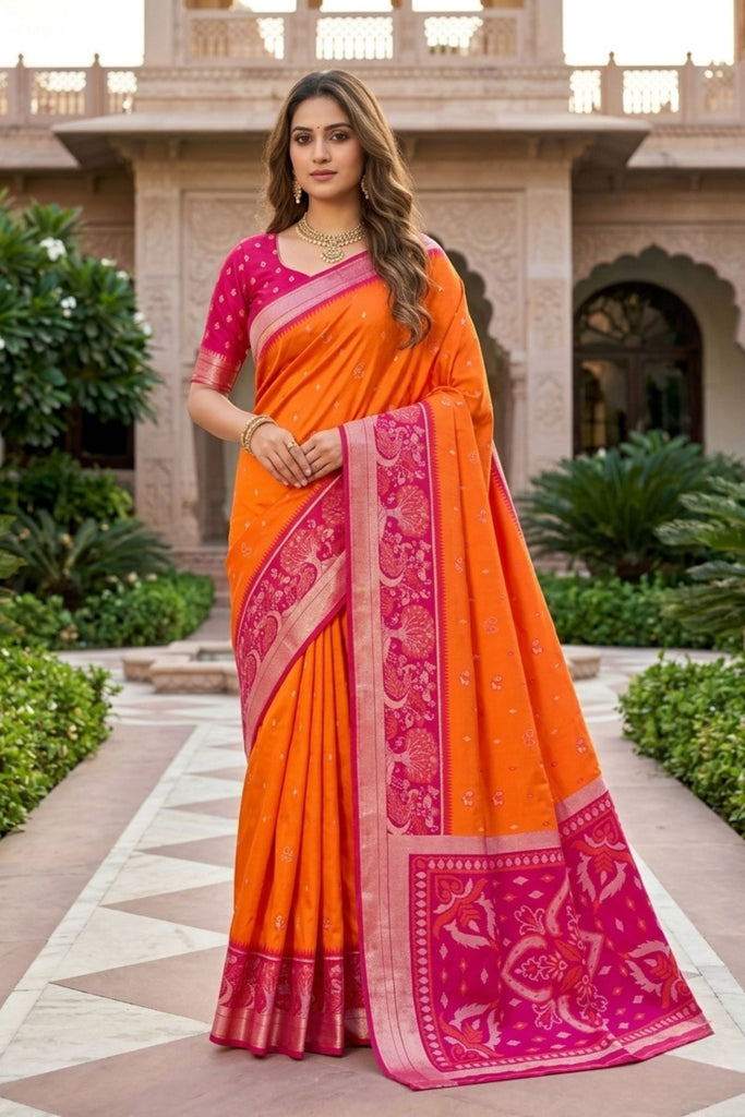 Traditional Orange Ikkat Silk Blend Saree Woven Work for Women