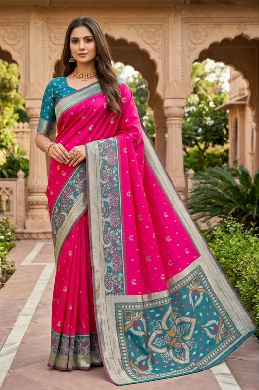Beautiful Rani Pink Ikkat Silk Blend Saree Woven Work for Women