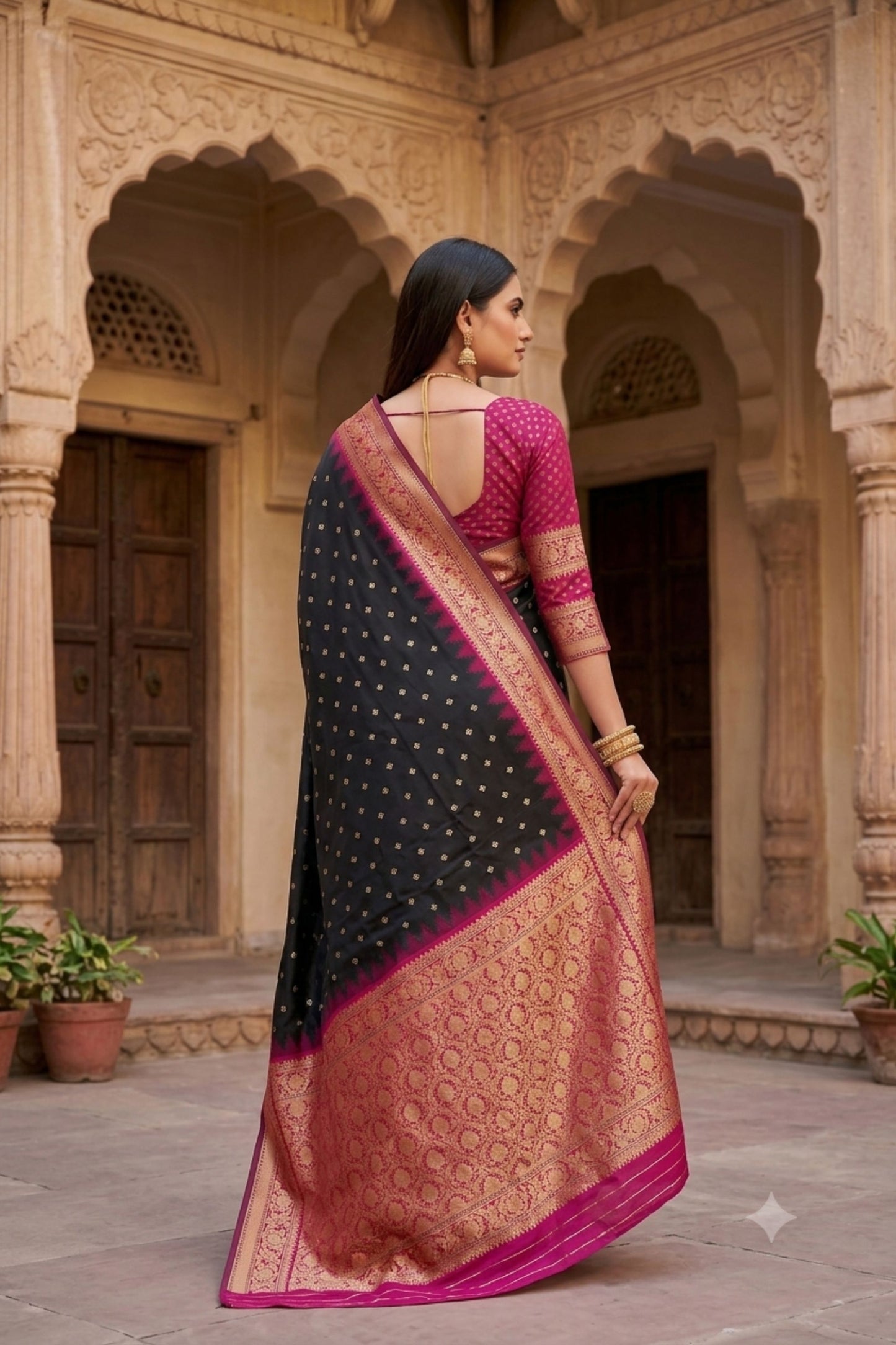 Premium Black Banarasi Silk Saree Zari Woven Border for Women