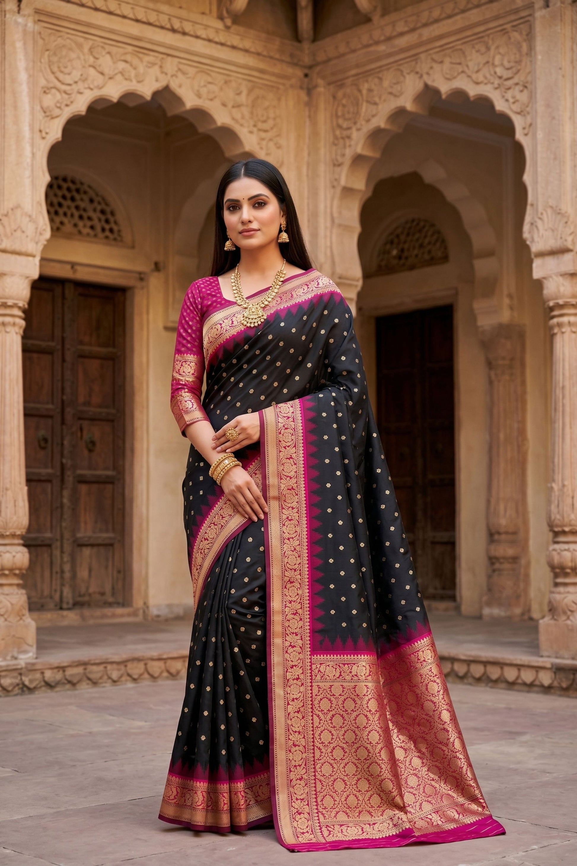 Premium Black Banarasi Silk Saree Zari Woven Border for Women