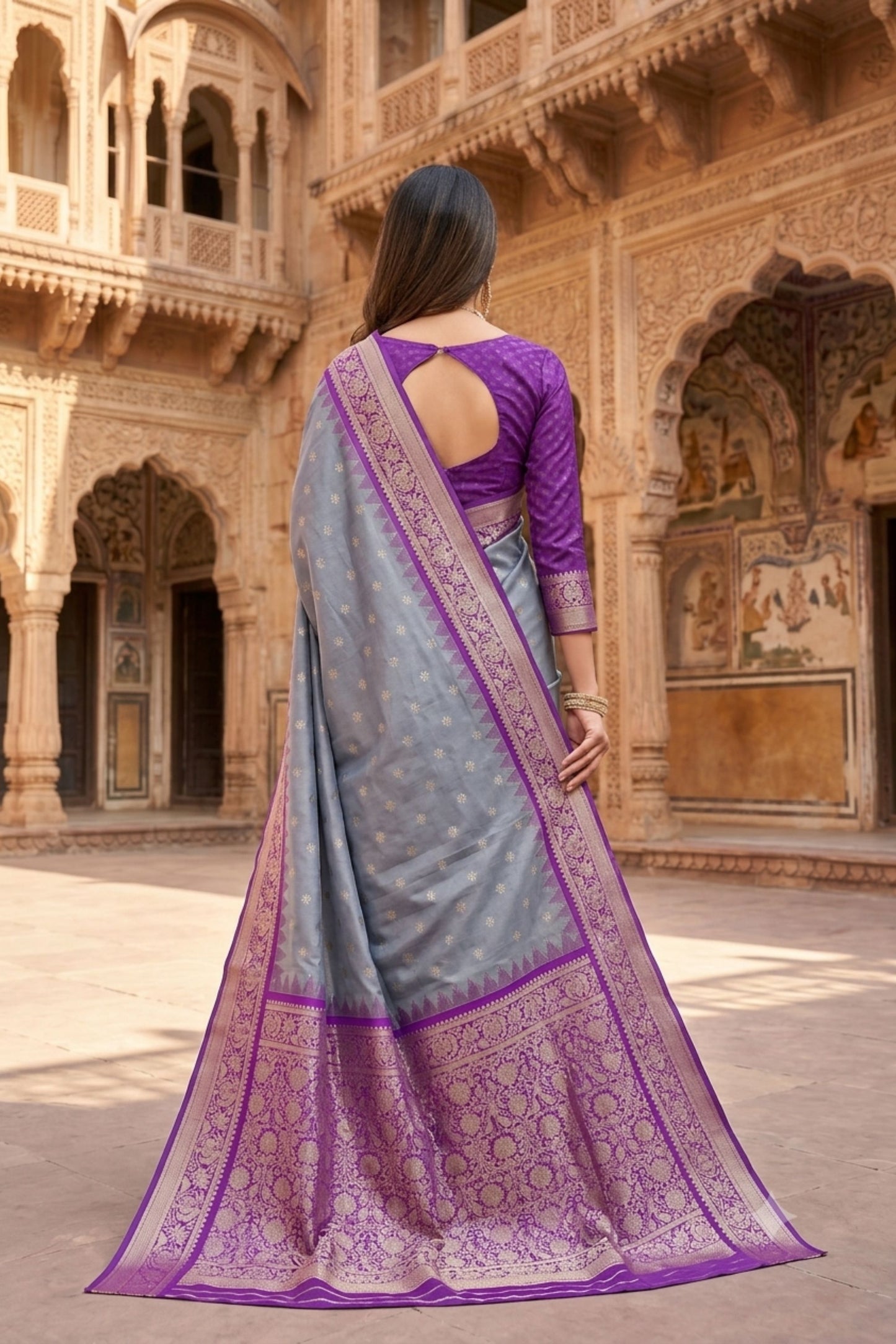 Traditional Grey Banarasi Silk Saree Zari Woven Border for Women