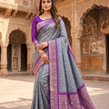 Traditional Grey Banarasi Silk Saree Zari Woven Border for Women