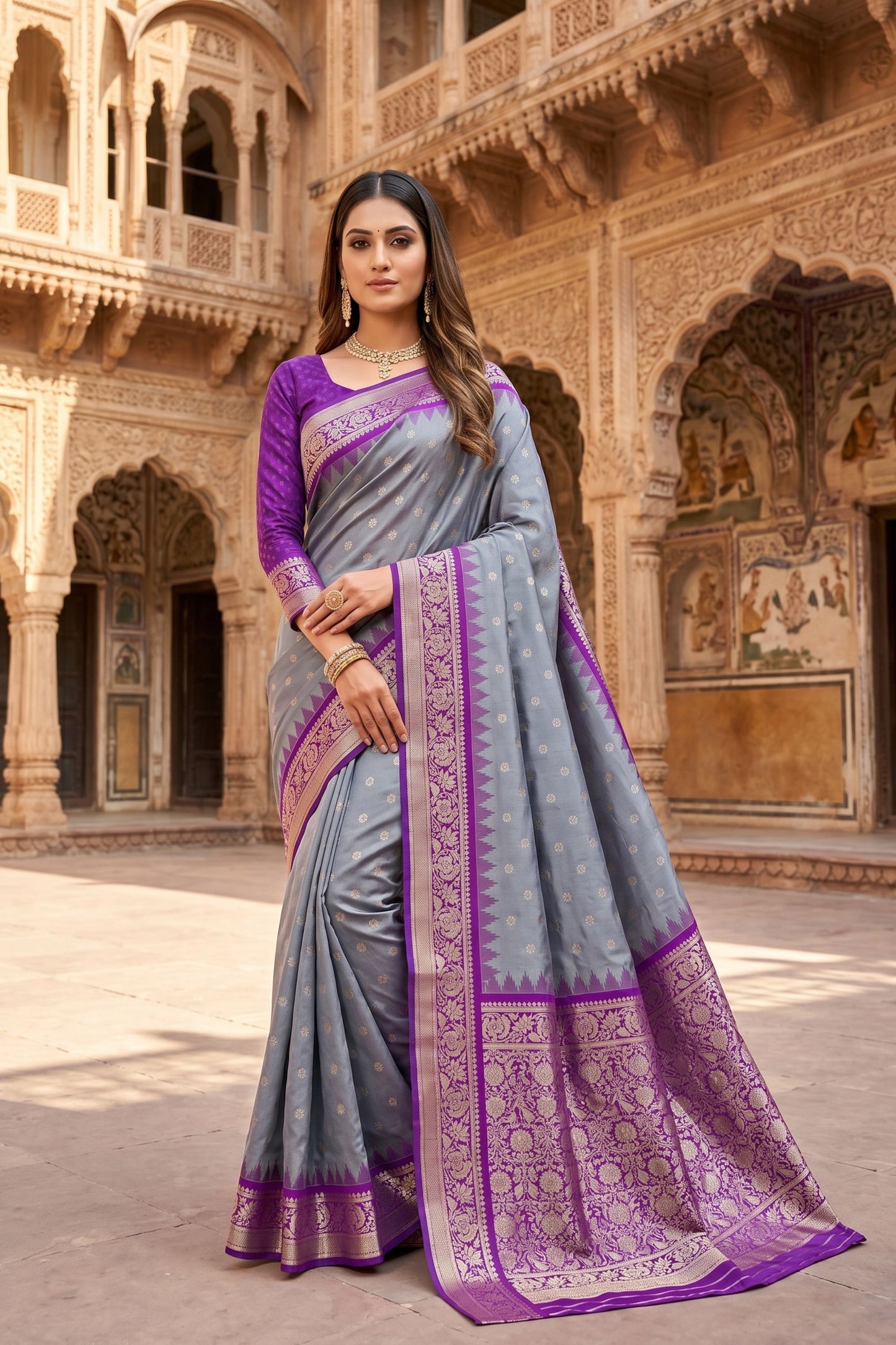 Traditional Grey Banarasi Silk Saree Zari Woven Border for Women