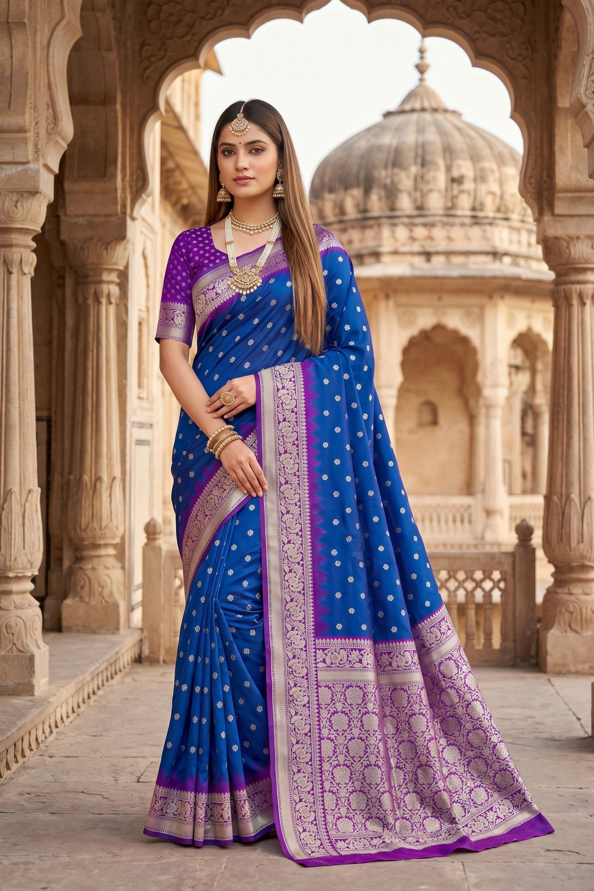 Royal Blue Banarasi Silk Saree Zari Woven Border for Women