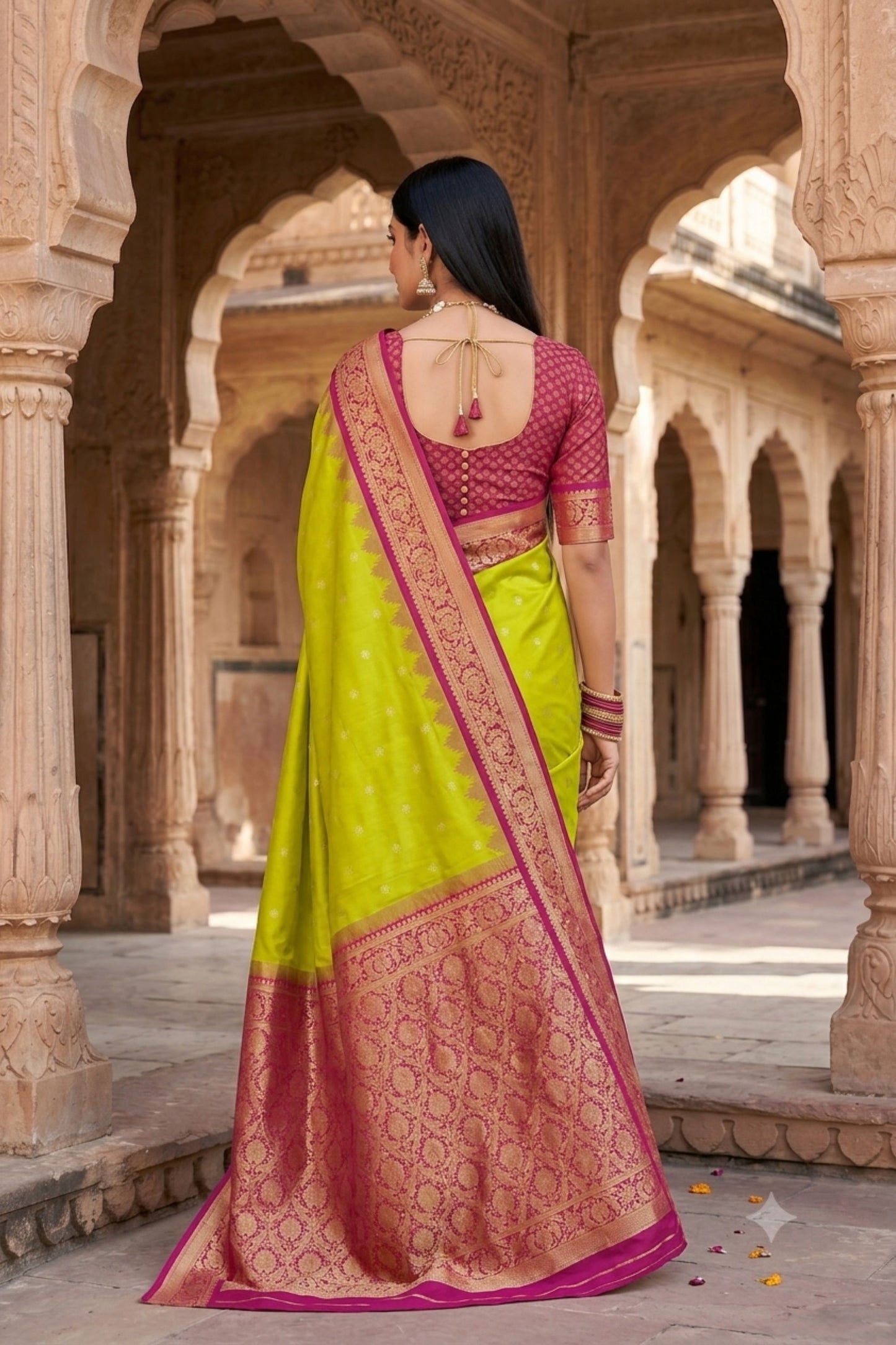 Graceful Lime Green Banarasi Silk Saree Zari Woven Border for Women