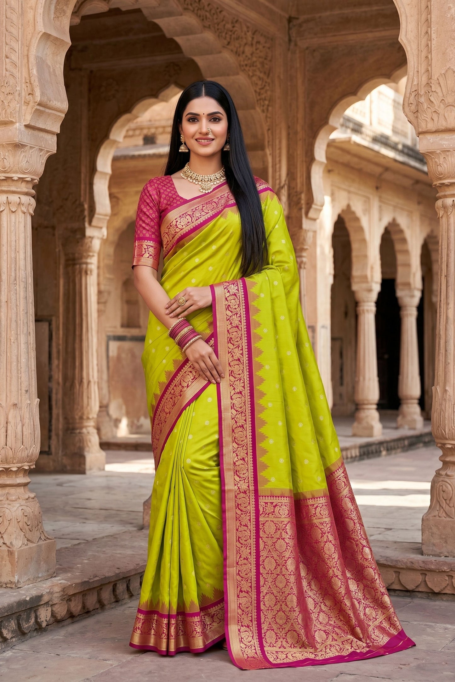 Graceful Lime Green Banarasi Silk Saree Zari Woven Border for Women