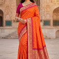 Stylish Orange Banarasi Silk Saree Zari Woven Border for Women