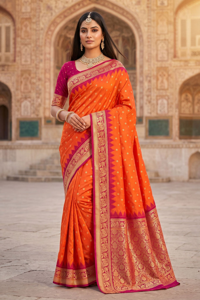 Stylish Orange Banarasi Silk Saree Zari Woven Border for Women