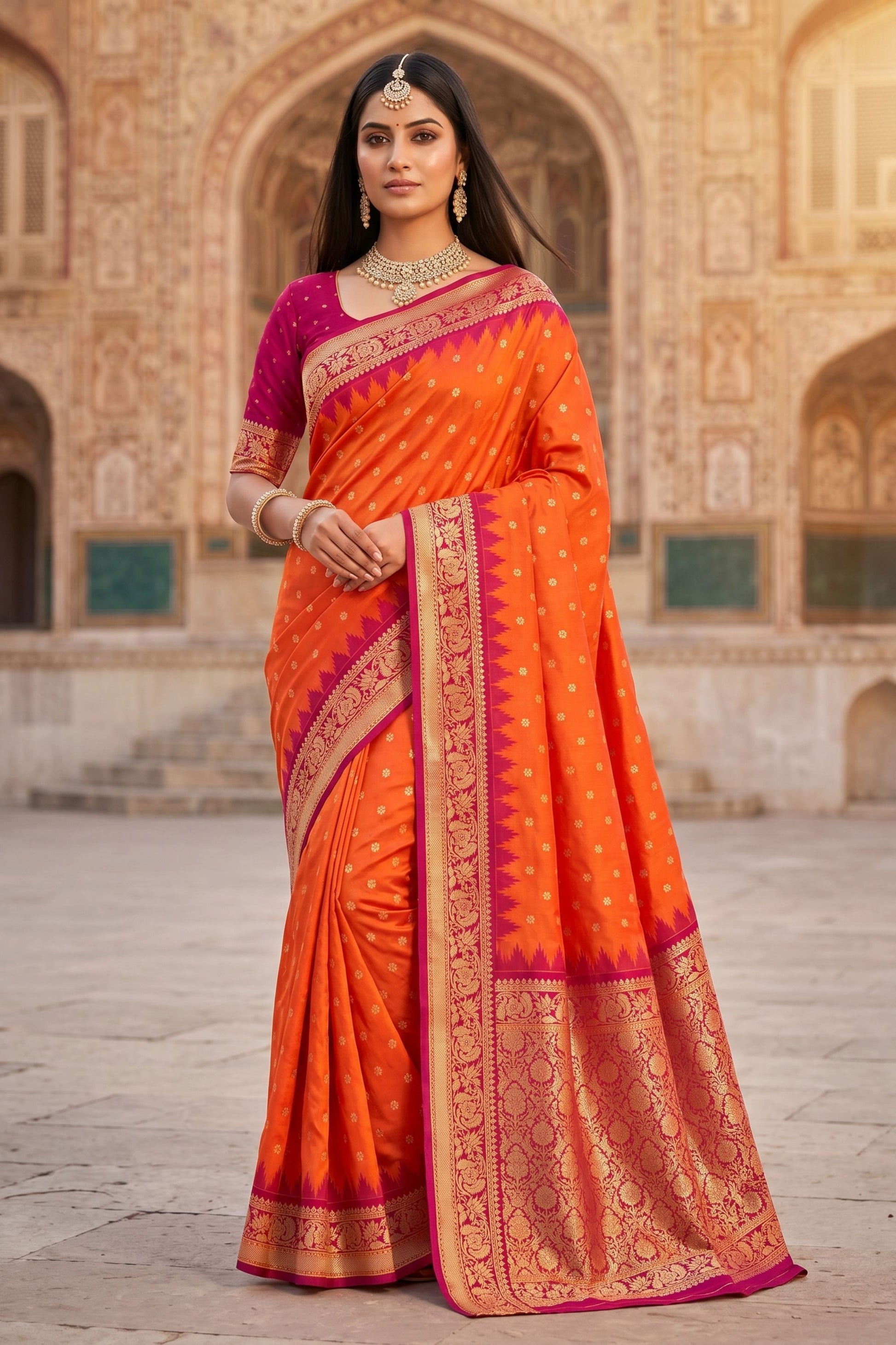 Stylish Orange Banarasi Silk Saree Zari Woven Border for Women
