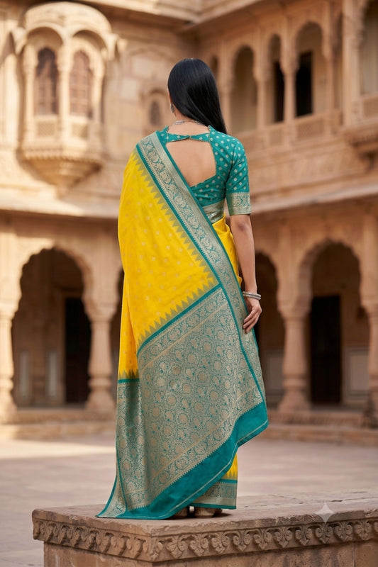 Luxury Yellow Banarasi Silk Saree Zari Woven Border for Women