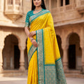 Luxury Yellow Banarasi Silk Saree Zari Woven Border for Women