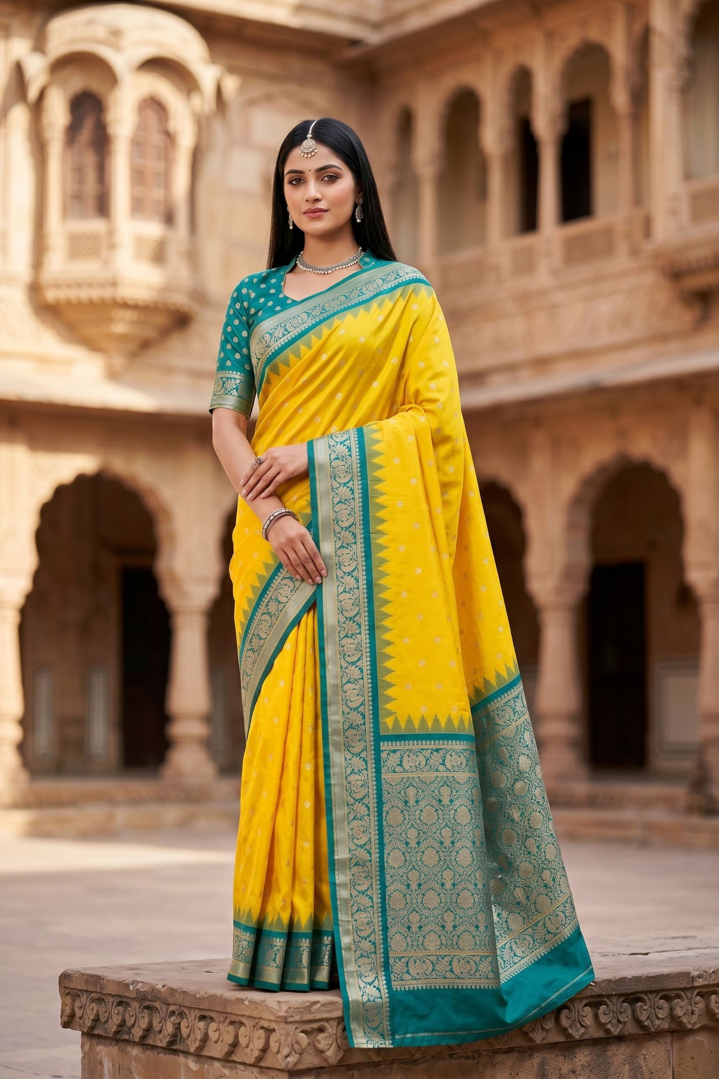 Luxury Yellow Banarasi Silk Saree Zari Woven Border for Women