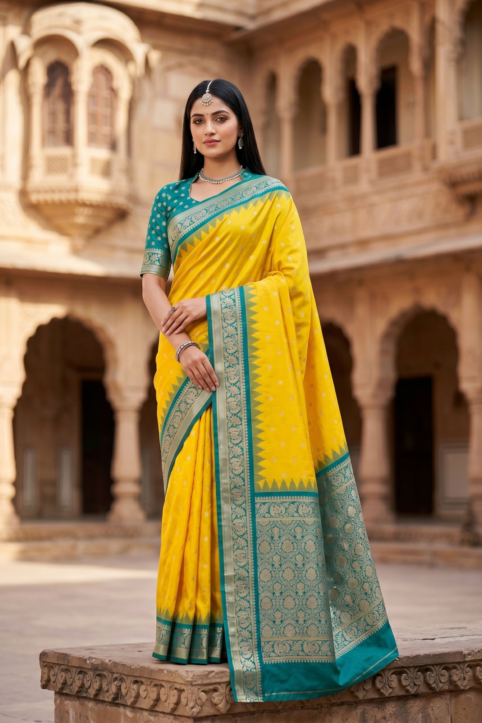 Luxury Yellow Banarasi Silk Saree Zari Woven Border for Women