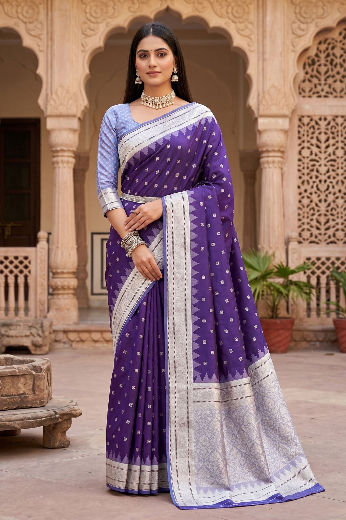 Royal Purple Banarasi Silk Saree Zari Woven Border for Women