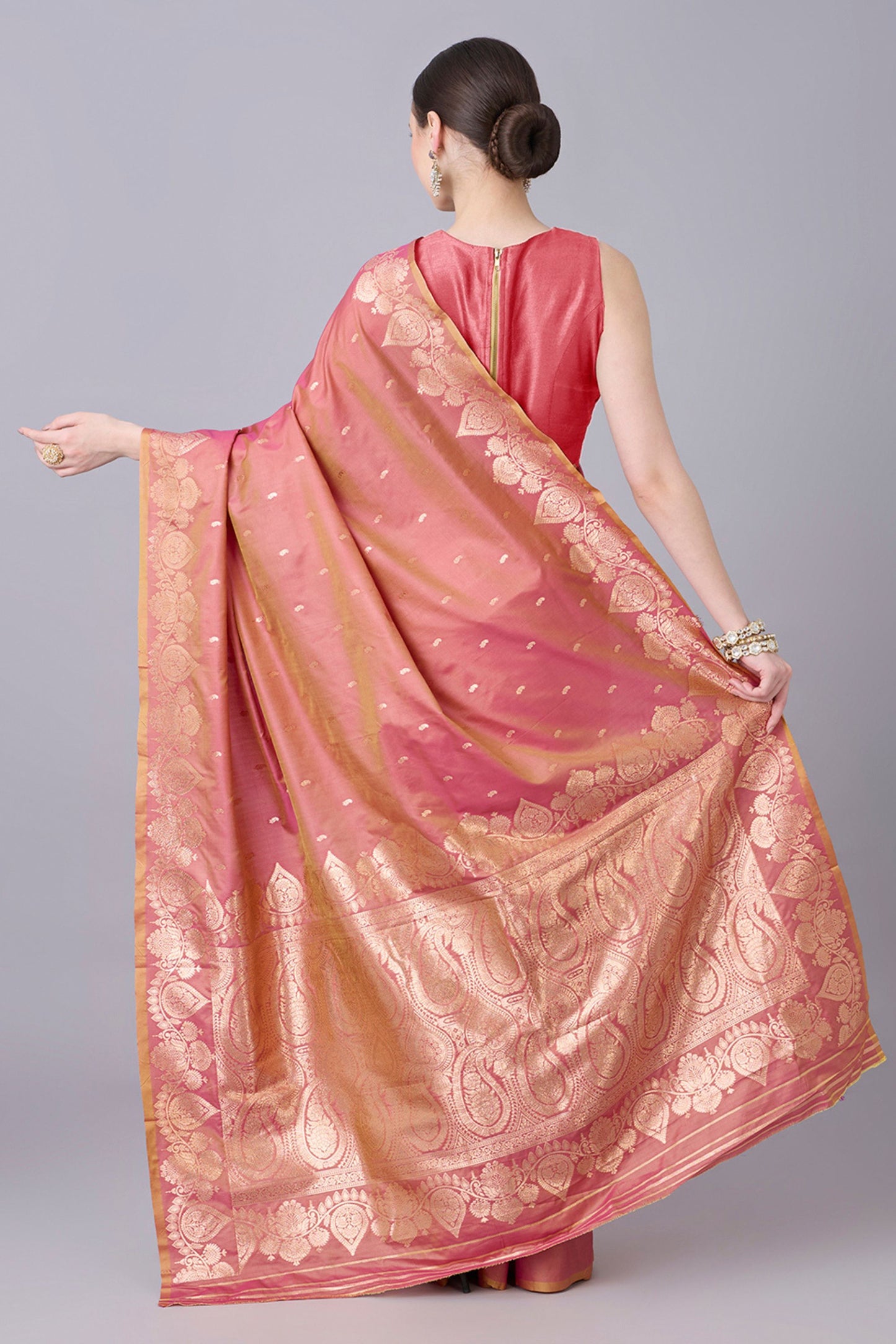 Beautiful Rose Pink Banarasi Silk Saree Zari Weaving Border for Women