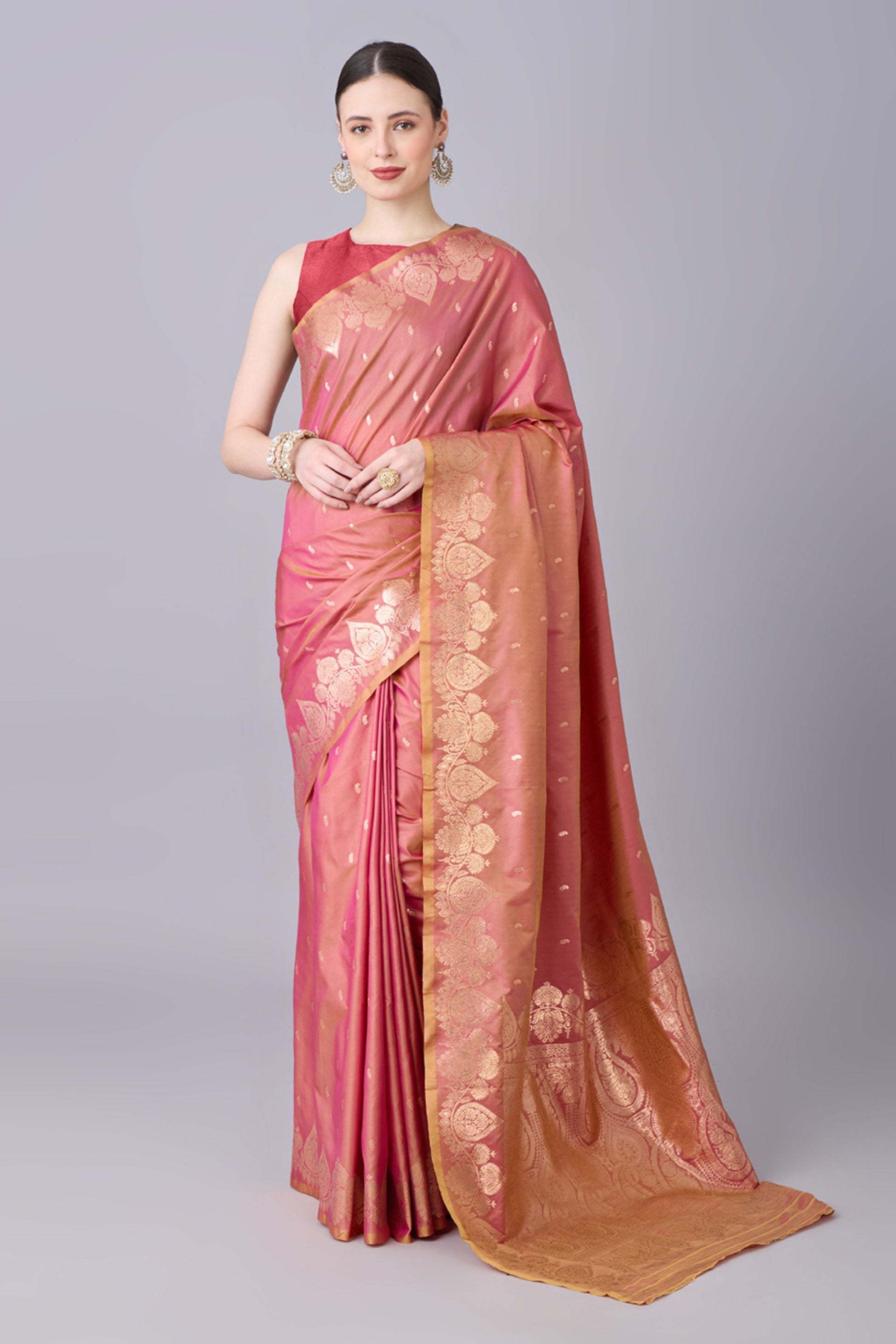 Beautiful Rose Pink Banarasi Silk Saree Zari Weaving Border for Women