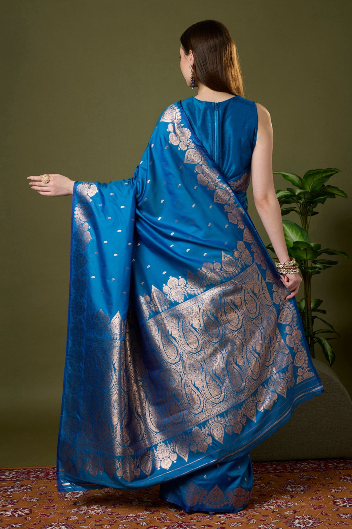Royal Peacock Blue Banarasi Silk Saree Zari Weaving Border for Women