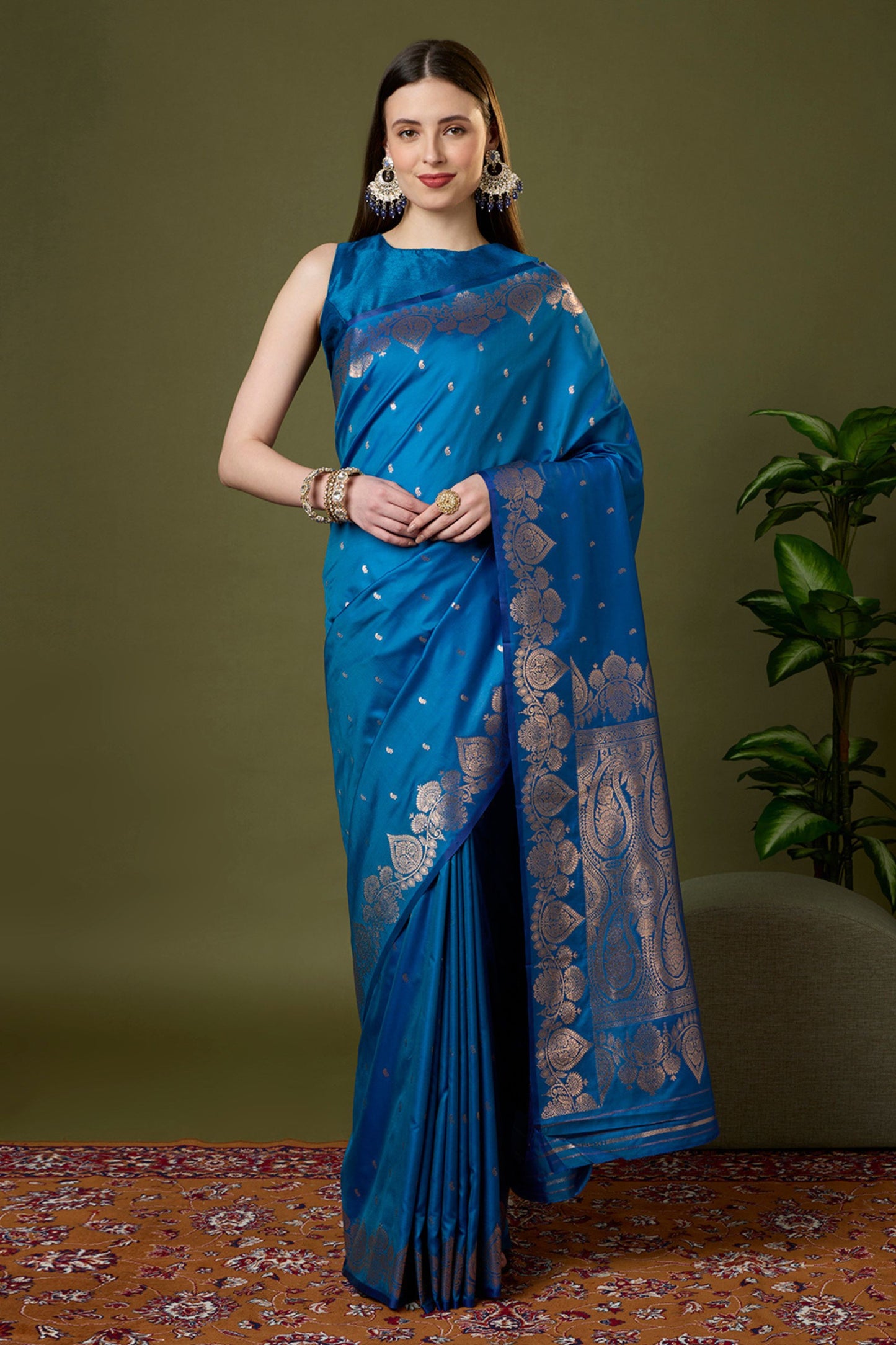 Royal Peacock Blue Banarasi Silk Saree Zari Weaving Border for Women