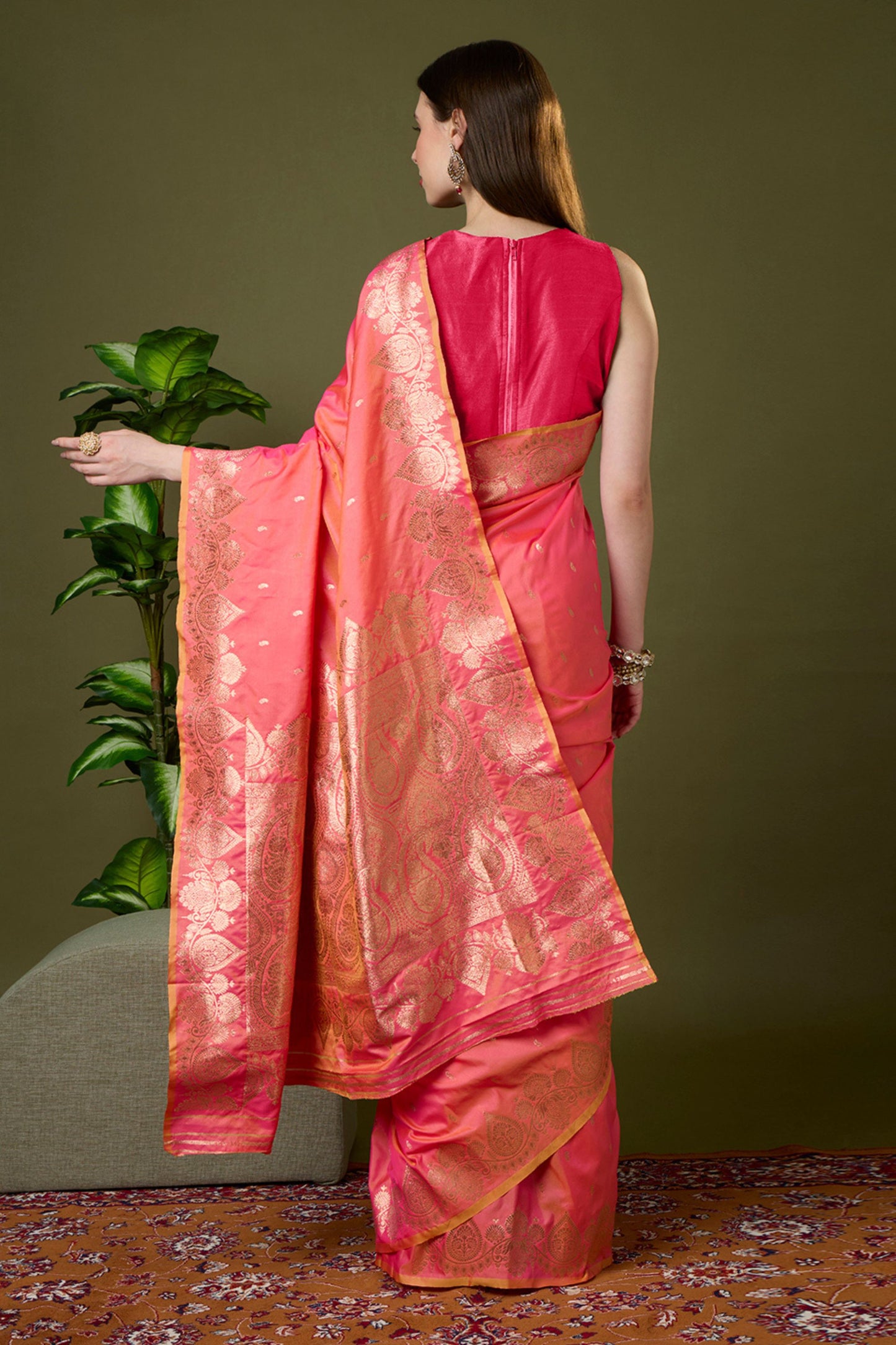 Premium Coral Pink Banarasi Silk Saree Zari Weaving Border for Women