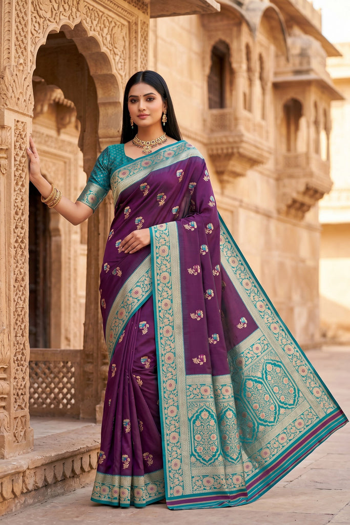 Royal Purple Banarasi Silk Saree Floral Zari Woven Border for Women