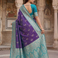 Stylish Purple Banarasi Silk Saree Floral Zari Woven Border for Women