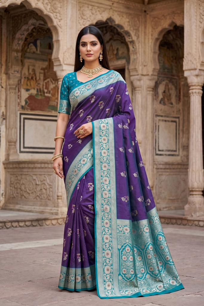 Stylish Purple Banarasi Silk Saree Floral Zari Woven Border for Women
