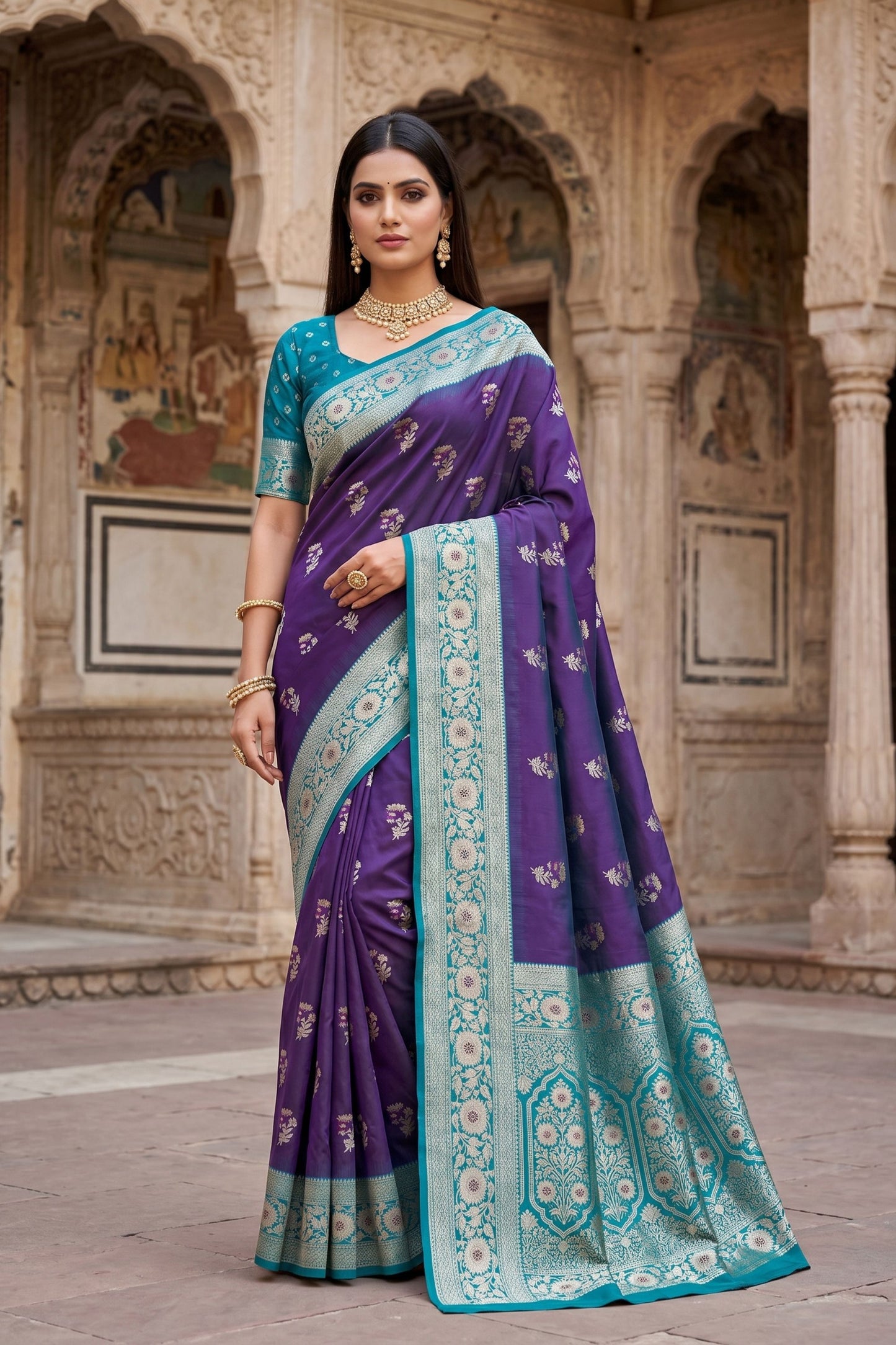 Stylish Purple Banarasi Silk Saree Floral Zari Woven Border for Women