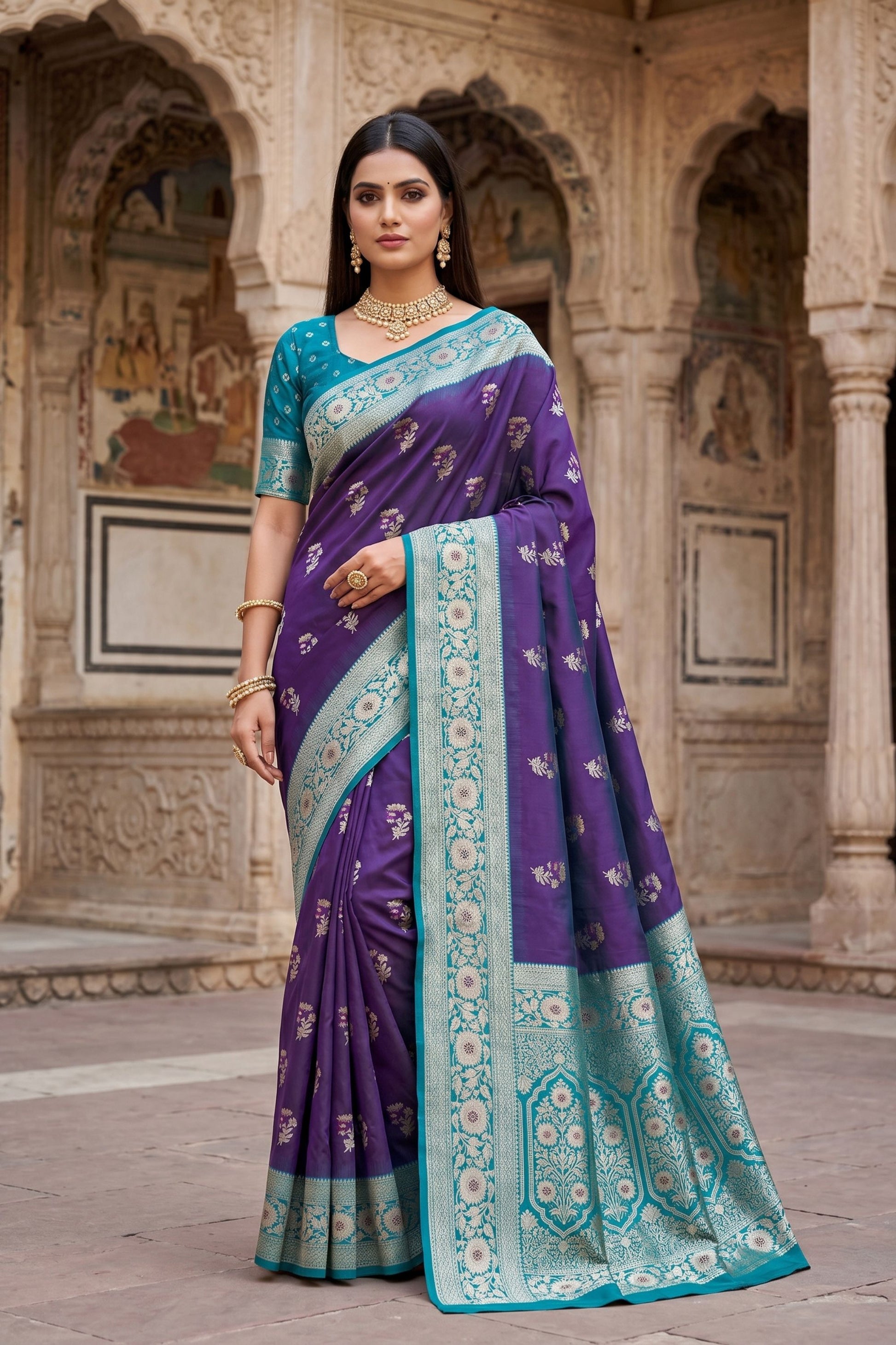 Stylish Purple Banarasi Silk Saree Floral Zari Woven Border for Women