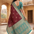 Beautiful Wine Banarasi Silk Saree Floral Zari Woven Border for Women