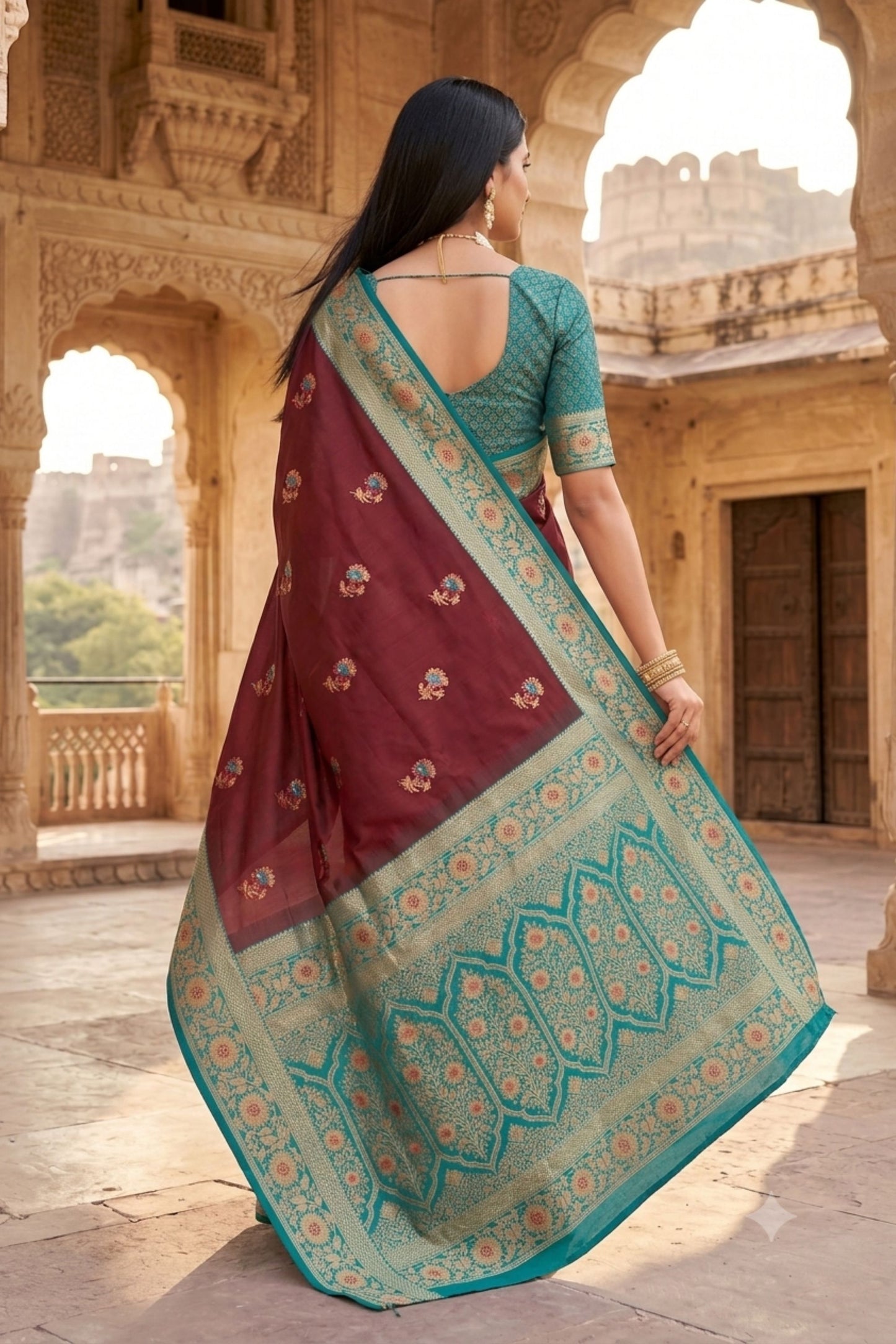 Beautiful Wine Banarasi Silk Saree Floral Zari Woven Border for Women