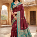 Beautiful Wine Banarasi Silk Saree Floral Zari Woven Border for Women