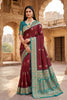 Beautiful Wine Banarasi Silk Saree Floral Zari Woven Border for Women